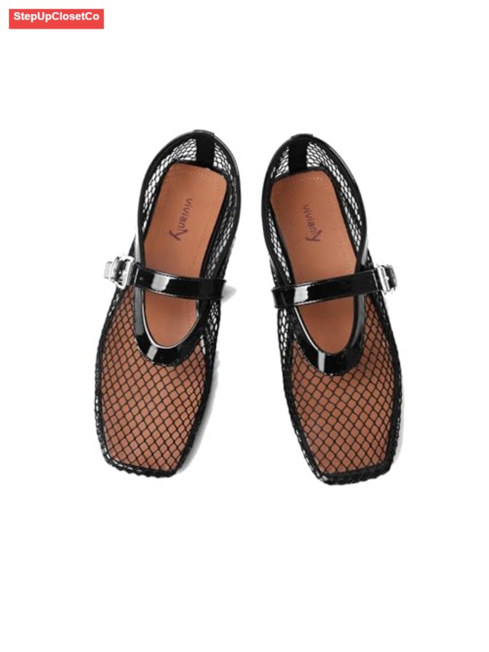 Mesh Ballet Flats Mary Jane Fishnet Slip-On Shoes with Buckle Strap